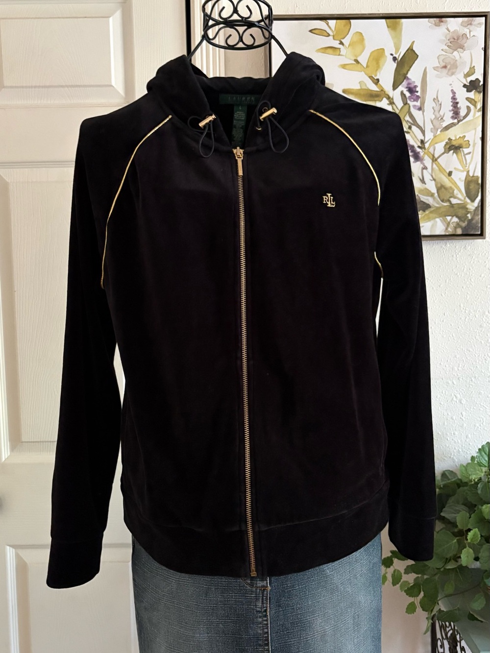 Ralph Lauren Black Velour Zip Front Hoodie with Gold Trim